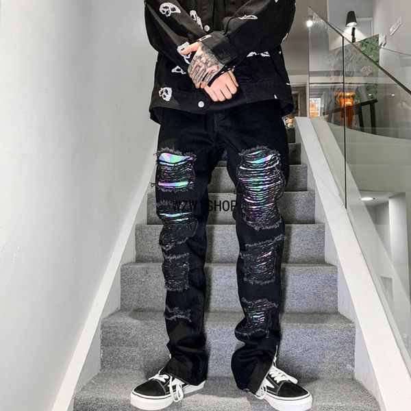 men's jeans reflective hole washed pants men streetwear retro denim trousers ankle zipper luminous casual, Blue
men's jeans reflective hole washed pants men streetwear retro denim trousers ankle zipper luminous casual, Blue