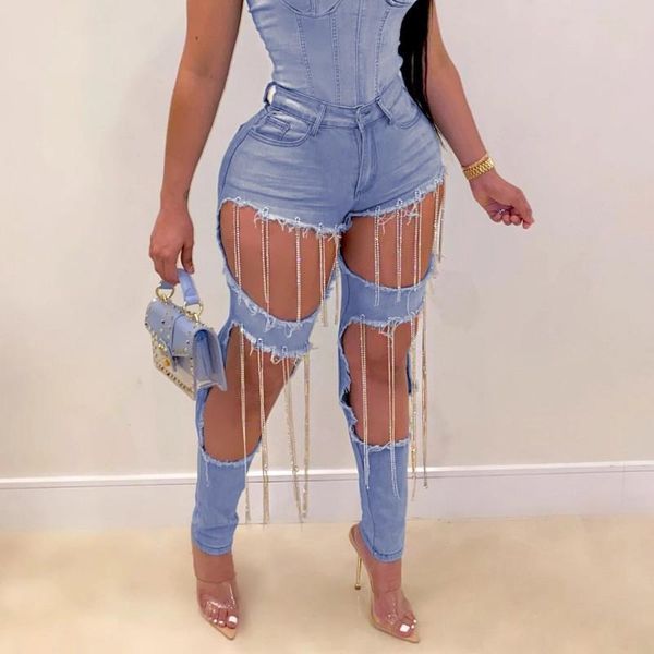 women's jeans ripped fringed 2021 spring and autumn high-waisted trousers chain denim ladies nightclub clothes, Blue
women's jeans ripped fringed 2021 spring and autumn high-waisted trousers chain denim ladies nightclub clothes, Blue