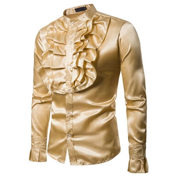 men's dress shirts men stand collar shirt long sleeve solid color slim fit one breasted ruffle fancy party formal baquet blouse, White;black
men's dress shirts men stand collar shirt long sleeve solid color slim fit one breasted ruffle fancy party formal baquet blouse, White;black