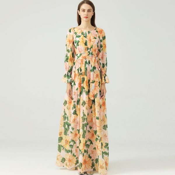 women's runway dresses o neck long sleeves ruffles printed sash belt fashion maxi dress vestidos, Black
women's runway dresses o neck long sleeves ruffles printed sash belt fashion maxi dress vestidos, Black