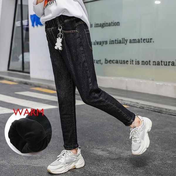 children's wear winter thickened middle and big girl jeans chao korean elastic plushed girl's small foot pants, Blue
children's wear winter thickened middle and big girl jeans chao korean elastic plushed girl's small foot pants, Blue
