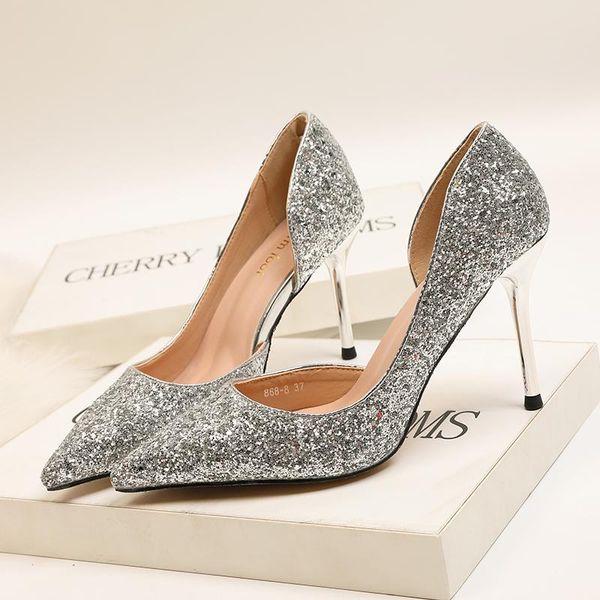 dress shoes european and american wind for women's with high heels shallow mouth pointed shining sequins show thin club heel, Black
dress shoes european and american wind for women's with high heels shallow mouth pointed shining sequins show thin club heel, Black