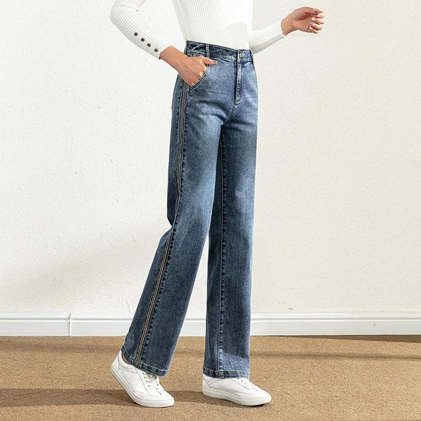 women's jeans embroidered side stripe for women casual high waist elastic denim wide-leg pants female fashion office lady trousers, Blue
women's jeans embroidered side stripe for women casual high waist elastic denim wide-leg pants female fashion office lady trousers, Blue