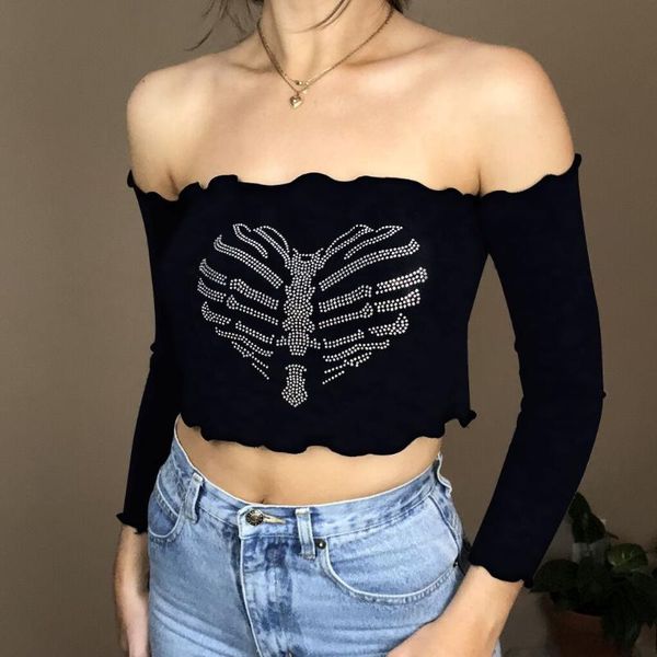 women's t-shirt ladies midriff-baring , heart rhinestone decoration off shoulder stringy selvedge long sleeve slim backless, White
women's t-shirt ladies midriff-baring , heart rhinestone decoration off shoulder stringy selvedge long sleeve slim backless, White