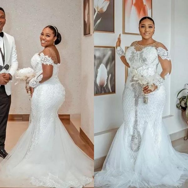 o neck plus size mermaid wedding dresses sheer long sleeve beading bridal gowns lace crystals second reception dress, White
o neck plus size mermaid wedding dresses sheer long sleeve beading bridal gowns lace crystals second reception dress, White