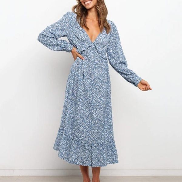casual dresses bohemian women's ruffles maxi dress v-neck floral printed long sleeve high waist female loose beach #t2g, Black;gray 
casual dresses bohemian women's ruffles maxi dress v-neck floral printed long sleeve high waist female loose beach #t2g, Black;gray