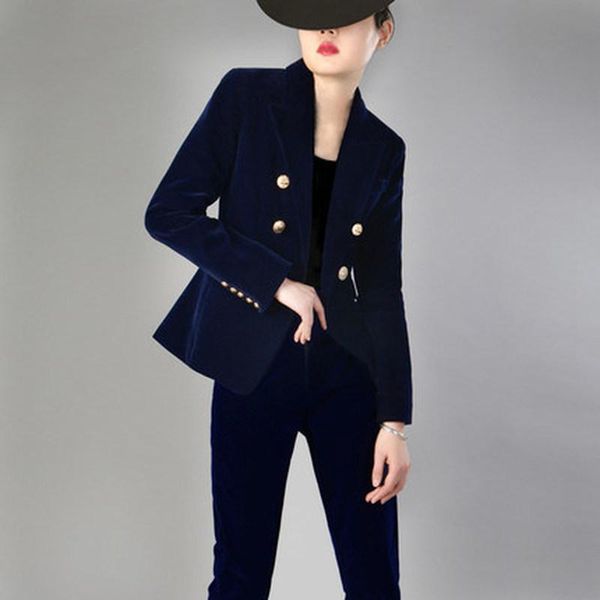 women's retro classic double-breasted fashion temperament casual slimming wild small suit gold velvet pants two-piece two piece, White
women's retro classic double-breasted fashion temperament casual slimming wild small suit gold velvet pants two-piece two piece, White