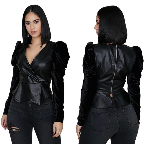 black pu patchwork women t ruched shoulders long sleeves v neck elegant zipper back lady shirt tees real picture est, Black;brown
black pu patchwork women t ruched shoulders long sleeves v neck elegant zipper back lady shirt tees real picture est, Black;brown