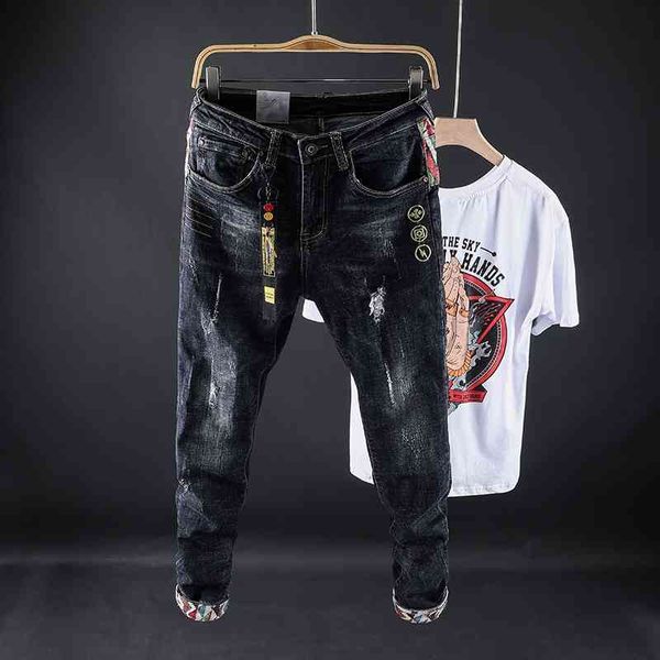 men's jeans fashion streetwear men elastic slim fit embroidery designer denim pants japanese style patchwork trousers, Blue
men's jeans fashion streetwear men elastic slim fit embroidery designer denim pants japanese style patchwork trousers, Blue