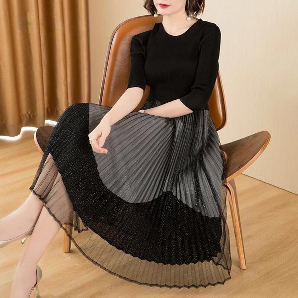 women dresses vintage mesh stitching party dress elegant ladies casual round neck pleated spring midi v vestidos, Black;gray
women dresses vintage mesh stitching party dress elegant ladies casual round neck pleated spring midi v vestidos, Black;gray