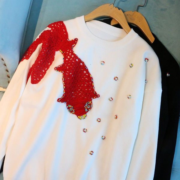 sweaters 2021 spring red fish embroidery diamond beaded white/black pullover sweater women knitwear
sweaters 2021 spring red fish embroidery diamond beaded white/black pullover sweater women knitwear