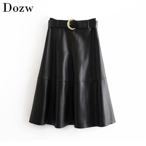 women chic pu faux leather skirt with belt elegant a-line black midi female side zipper stylish s faldas mujer 210515
women chic pu faux leather skirt with belt elegant a-line black midi female side zipper stylish s faldas mujer 210515