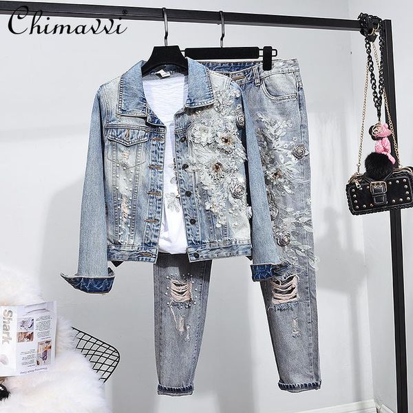women's two piece pants european style denim cloth sets womens spring/autumn studded flower embroidered long sleeve jacket+hole jeans, White
women's two piece pants european style denim cloth sets womens spring/autumn studded flower embroidered long sleeve jacket+hole jeans, White