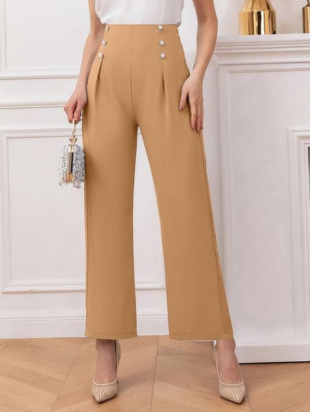 high waist pearl button detail pants c0fk#, Black;white
high waist pearl button detail pants c0fk#, Black;white