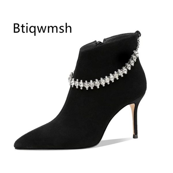 boots black real suede ankle women pointed toe rhinestone diamond chain high heel femme short
boots black real suede ankle women pointed toe rhinestone diamond chain high heel femme short