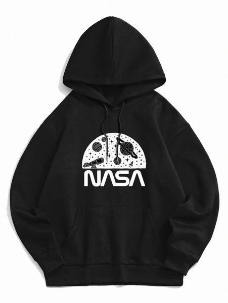 romwe guys letter graphic drawstring hoodie u5cf#, Black