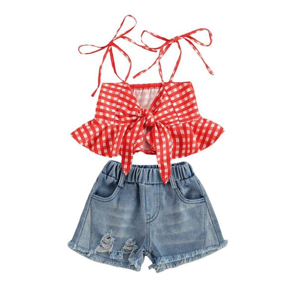 toddler girls 2pcs summer outfits, sleeveless plaid print ruffle + ripped denim shorts set clothing sets, White
toddler girls 2pcs summer outfits, sleeveless plaid print ruffle + ripped denim shorts set clothing sets, White