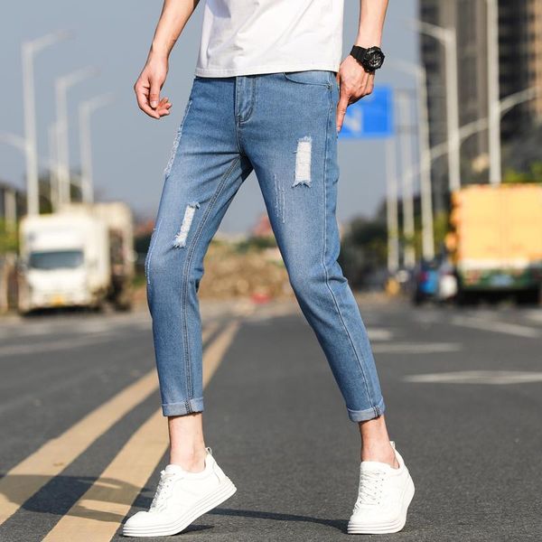 men's jeans pencil nine points ripped designs blue color slim tight fitting little elastic washed soft fabric quality pants sell.
men's jeans pencil nine points ripped designs blue color slim tight fitting little elastic washed soft fabric quality pants sell.