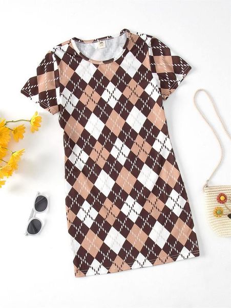 girls argyle print tee dress she, Red;yellow