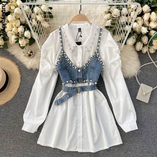women's tracksuits patchwork diamond pearl set for women lapel long sleeve shirt short denim vest chic two piece sets female fashion, Gray
women's tracksuits patchwork diamond pearl set for women lapel long sleeve shirt short denim vest chic two piece sets female fashion, Gray