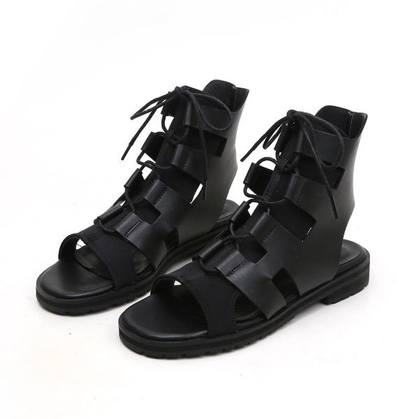 female summer low-heeled sandals fish mouth side with soft bottom hollow cross bandage high women, Black
female summer low-heeled sandals fish mouth side with soft bottom hollow cross bandage high women, Black