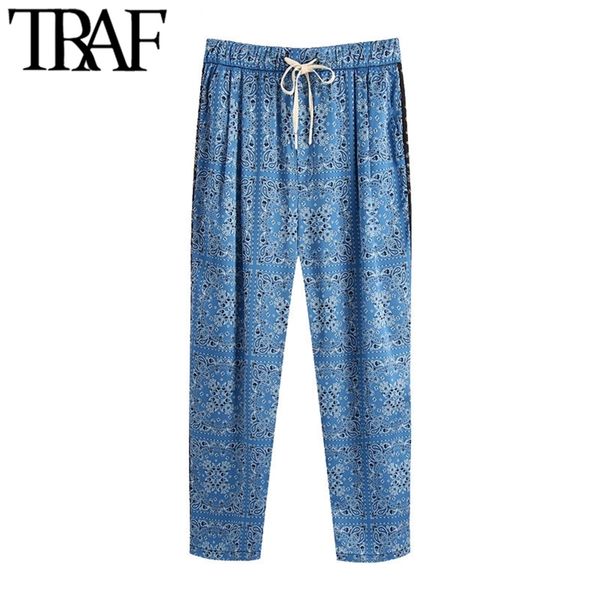women fashion patchwork print side pockets pants vintage high elastic waist drawstring female ankle trousers mujer 210507, Black;white
women fashion patchwork print side pockets pants vintage high elastic waist drawstring female ankle trousers mujer 210507, Black;white