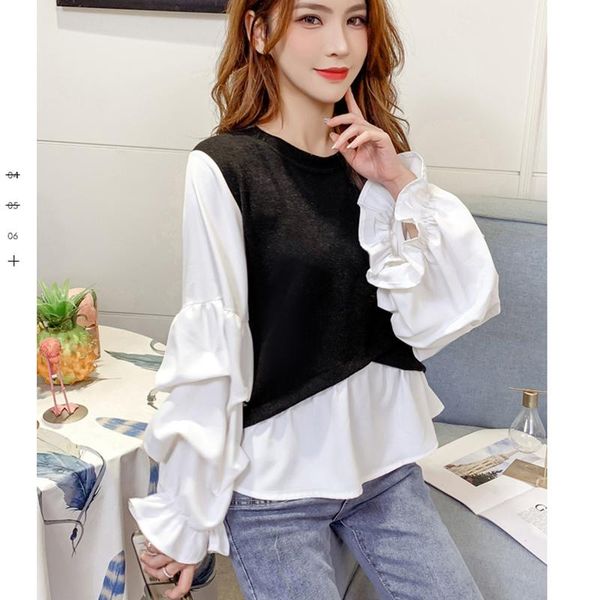 women's blouses & shirts spring autumn shirt korean splicing fake two-piece puff sleeve blouse round neck loose long ll644, White 
women's blouses & shirts spring autumn shirt korean splicing fake two-piece puff sleeve blouse round neck loose long ll644, White