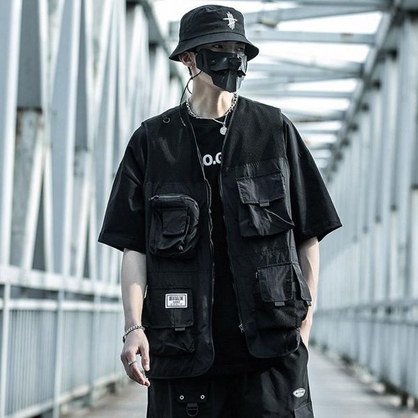 men's vests aogz streetwear hip hop multi pockets zipper cargo vest men techwear outwear tactical functional waistcoat sleeveless, Black;white
