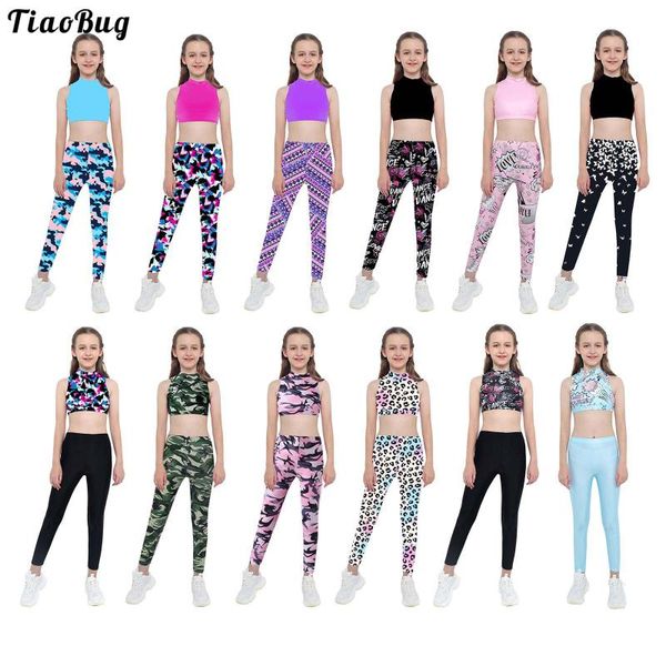 casual summer 2pcs kids girls yoga sport suit stand collar sleeveless keyhole back with press button closure crop pants running sets, Black;blue