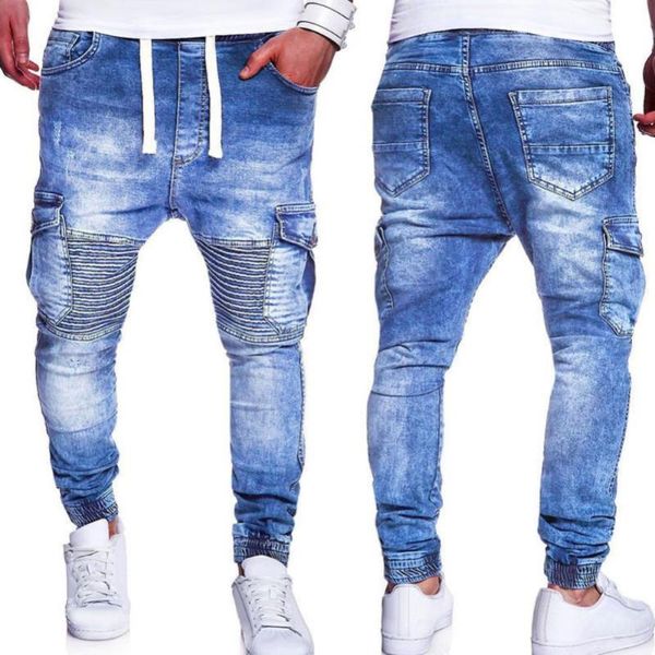 men's jeans 50% s fashion multiple pocket pleated knee slim men drawstring casual long pants, Blue
men's jeans 50% s fashion multiple pocket pleated knee slim men drawstring casual long pants, Blue