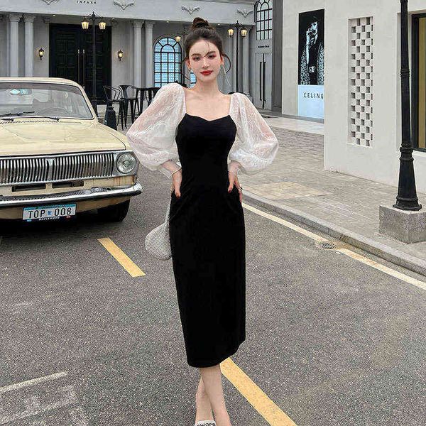 woman casual dresses 2022 spring slim white lace stitched sleev elastic medium length dr's dresses, Black;gray
woman casual dresses 2022 spring slim white lace stitched sleev elastic medium length dr's dresses, Black;gray