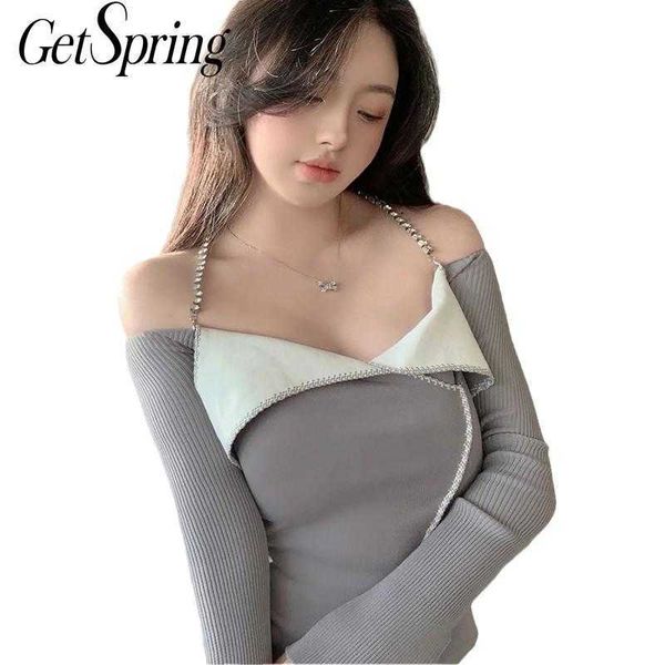 getspring women t shirt diamond chain off shoulder knitted t-shirt color matching slim tshirt knitting summer 210601, White
getspring women t shirt diamond chain off shoulder knitted t-shirt color matching slim tshirt knitting summer 210601, White