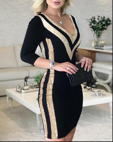 womens dress women elegant sequins party autumn v neck skinny office lady patchwork three quarter mini dresses, Black;gray
womens dress women elegant sequins party autumn v neck skinny office lady patchwork three quarter mini dresses, Black;gray