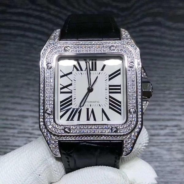 2020 new style automatic movement square 100 watch men full diamond white dial real leather band male business watch delivery, Slivery;brown
2020 new style automatic movement square 100 watch men full diamond white dial real leather band male business watch delivery, Slivery;brown