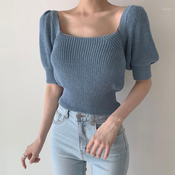 women's t-shirt jmprs knitted women t shirt fashion puff short sleeve backless bandage lady tees korean hollow out square collar, White
women's t-shirt jmprs knitted women t shirt fashion puff short sleeve backless bandage lady tees korean hollow out square collar, White