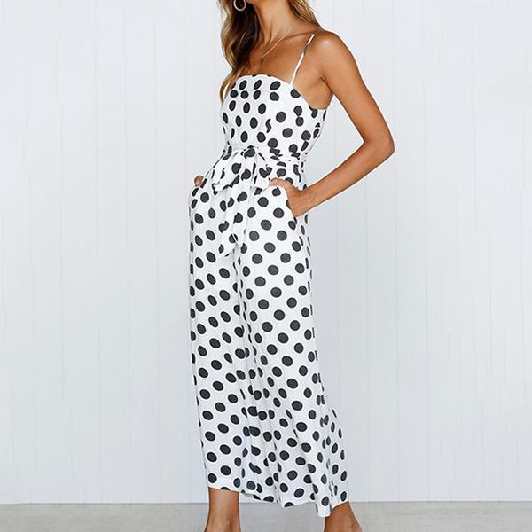 gym clothing womens strappy holiday playsuit ladies jumpsuit beach dot printed wide leg for summer b88, White;black 
gym clothing womens strappy holiday playsuit ladies jumpsuit beach dot printed wide leg for summer b88, White;black