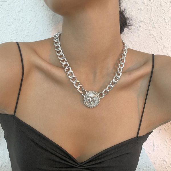 pendant necklaces wg retro portrait simple necklace exaggerated chain punk hip hop style thick jewelry, Silver
pendant necklaces wg retro portrait simple necklace exaggerated chain punk hip hop style thick jewelry, Silver