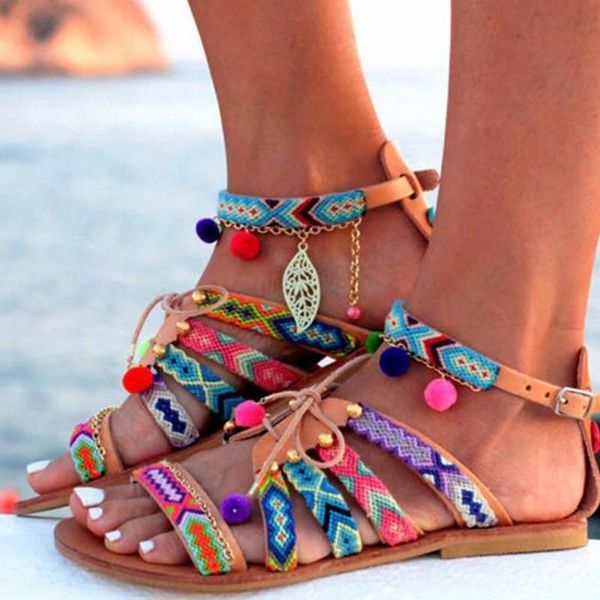 sandals women's summer shoes bohemian gladiator leather flats woman beach for women sandalia mujer, Black