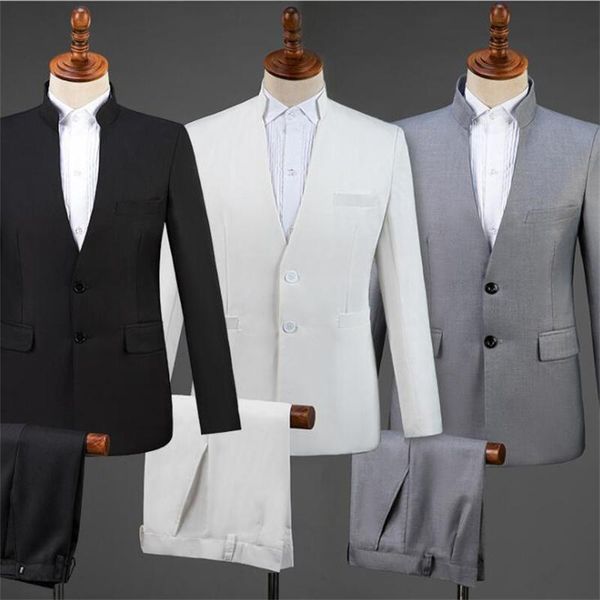 men's suits & blazers singer stand collar men suit set with pants white grey wedding arrival slim formal dress groom stage black, White;black
men's suits & blazers singer stand collar men suit set with pants white grey wedding arrival slim formal dress groom stage black, White;black