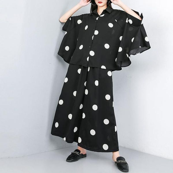 chic polka dot women suits chiffon batwing sleeve blouse + high elastic waist wide leg trousers fashion two piece set women's pants, White
chic polka dot women suits chiffon batwing sleeve blouse + high elastic waist wide leg trousers fashion two piece set women's pants, White