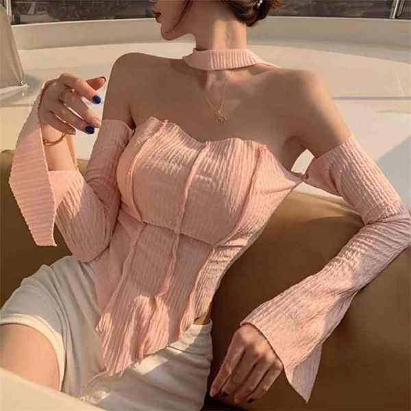 one line shoulder clavicle t-shirt women's summer design pure desire style short tight neck wipe chest pink long sleeve 210529, White
one line shoulder clavicle t-shirt women's summer design pure desire style short tight neck wipe chest pink long sleeve 210529, White