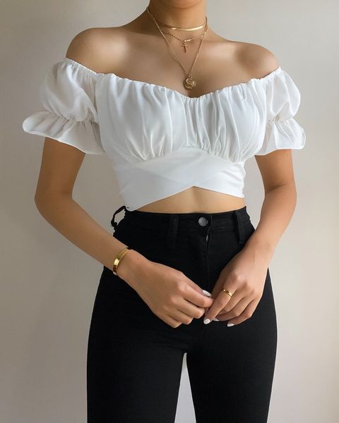 summer women's t-shirt back bow tie strap solid off shoulder top, White
summer women's t-shirt back bow tie strap solid off shoulder top, White