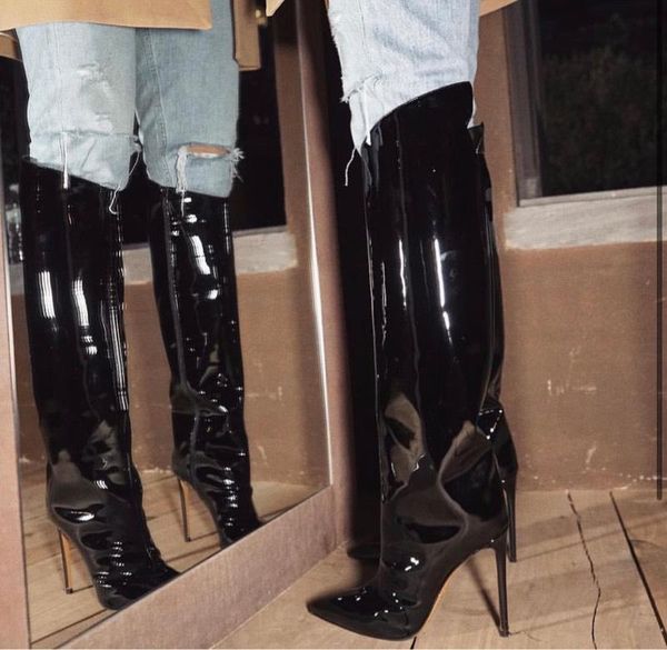 boots black mirror leather knee high pointed toe irregular calf heel tight fashion celebrating shoes
boots black mirror leather knee high pointed toe irregular calf heel tight fashion celebrating shoes