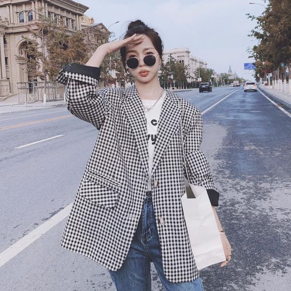 women's suits & blazers vintage plaid blazer women elegant korean style loose casual spring autumn clothes office lady suit jacket coat, White;black
women's suits & blazers vintage plaid blazer women elegant korean style loose casual spring autumn clothes office lady suit jacket coat, White;black