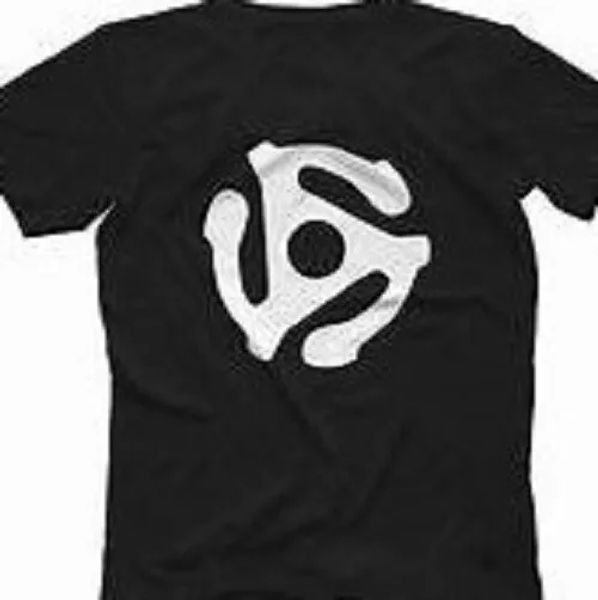 45 RPM Record Adaptor Insert T shirt Tee album music player, White;black