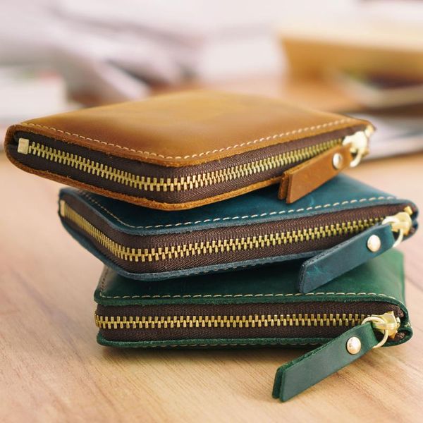 card holders 2021 simple case handmade leather short retro crazy horse zipper money clip head layer wallet, Brown;gray
card holders 2021 simple case handmade leather short retro crazy horse zipper money clip head layer wallet, Brown;gray