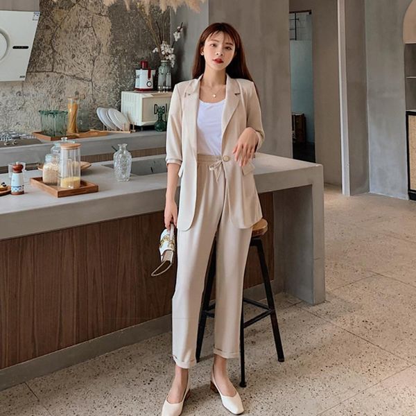 summer women 2 pieces set casual single button blazer jacket & elastic waist pant female suit 2021 women's suits blazers, White;black
summer women 2 pieces set casual single button blazer jacket & elastic waist pant female suit 2021 women's suits blazers, White;black