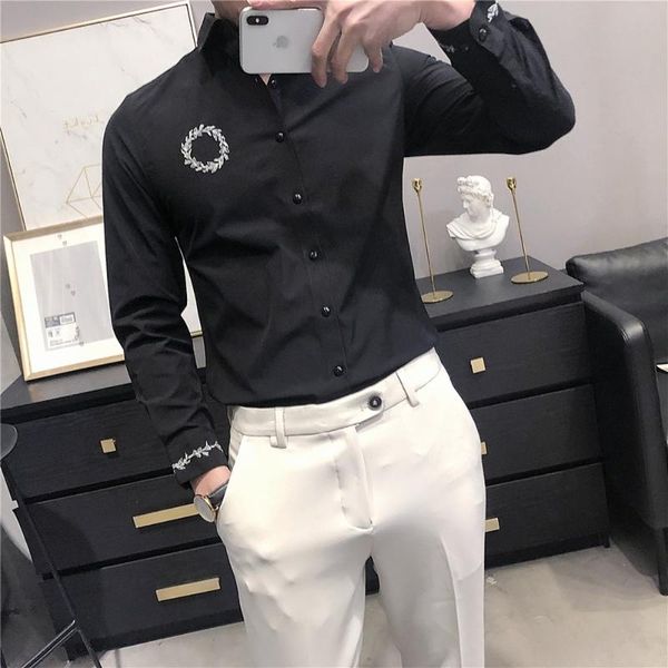 embroidery men's shirts black white business formal dress long sleeve slim casual social blouse streetwear party clothes, White;black
embroidery men's shirts black white business formal dress long sleeve slim casual social blouse streetwear party clothes, White;black