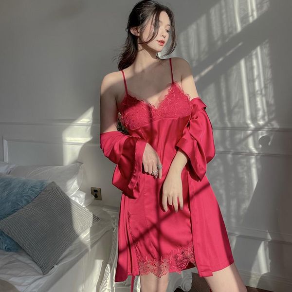 women's sleepwear burgundy satin nightwear women soft kimono robe gown v-neck intimate lingerie 2pcs with chemise nightgown, Black;red
women's sleepwear burgundy satin nightwear women soft kimono robe gown v-neck intimate lingerie 2pcs with chemise nightgown, Black;red