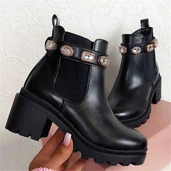 women ankle boots crystal slip on platform pu leather women's booties spring autumn females footwear plus si 211020, Black
women ankle boots crystal slip on platform pu leather women's booties spring autumn females footwear plus si 211020, Black